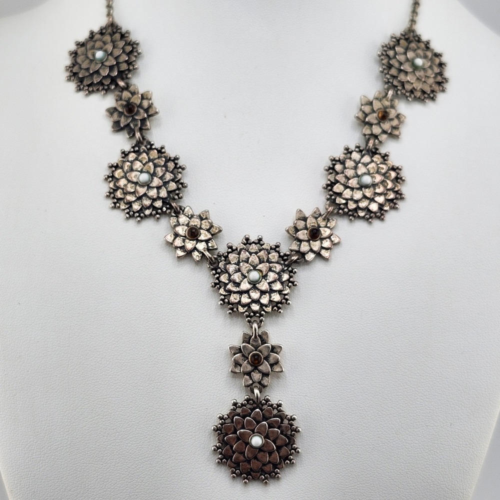 Silver‎ Tone Flower Necklace with Faux Pearl and Brown Stone Accents